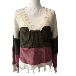 Colorblock Fringe Distressed V-Neck Sweater By Derek Heart Womens Size Small